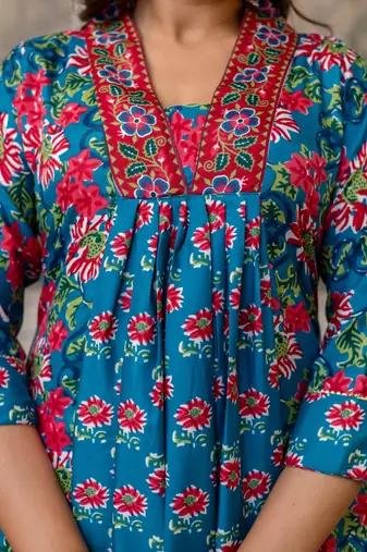 blue floral cotton kurta pant set with dupatta