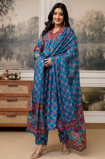 blue floral cotton kurta pant set with dupatta