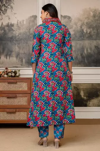 blue floral cotton kurta pant set with dupatta