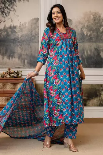 blue floral cotton kurta pant set with dupatta