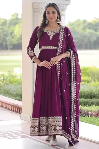 wine vichitra silk gown