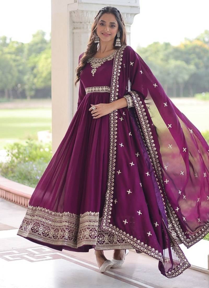 wine vichitra silk gown