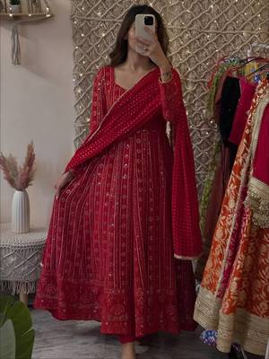 red faux blooming sequins zari embroidered gown with pant and dupatta 1