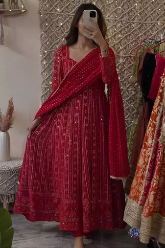 red faux blooming sequins zari embroidered gown with pant and dupatta