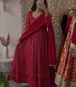 red faux blooming sequins zari embroidered gown with pant and dupatta