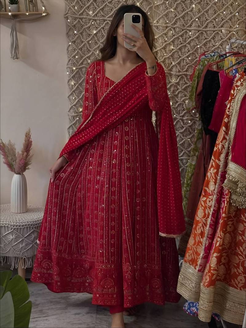 red faux blooming sequins zari embroidered gown with pant and dupatta