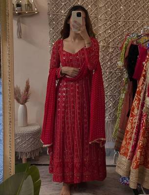 red faux blooming sequins zari embroidered gown with pant and dupatta 2