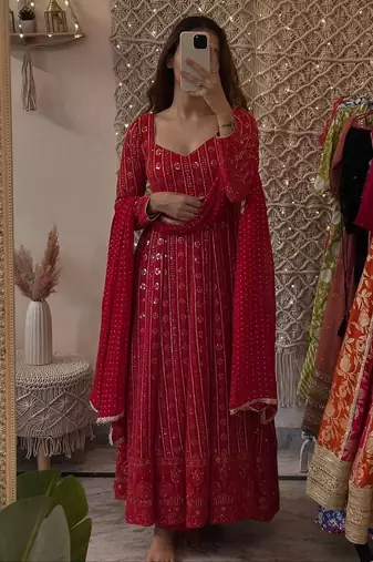 red faux blooming sequins zari embroidered gown with pant and dupatta