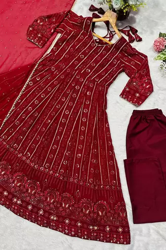 red faux blooming sequins zari embroidered gown with pant and dupatta