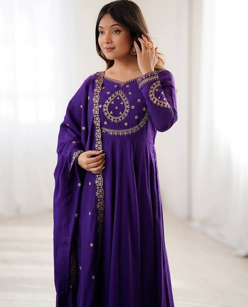 purple roman chanderi silk anarkali suit