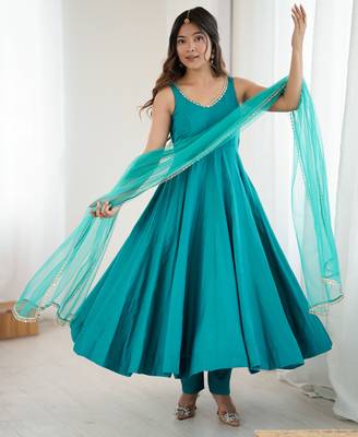 sea green roman silk chanderi anarkali suit 1