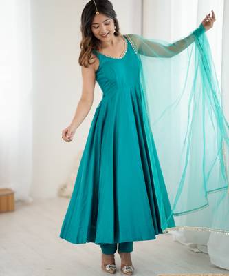sea green roman silk chanderi anarkali suit 2