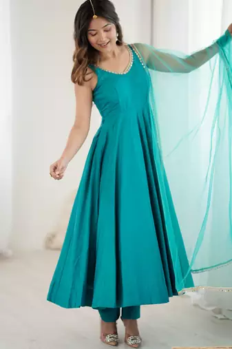 sea green roman silk chanderi anarkali suit