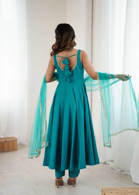 sea green roman silk chanderi anarkali suit 4