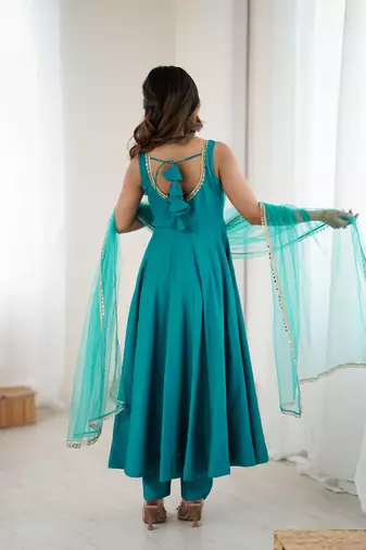 sea green roman silk chanderi anarkali suit