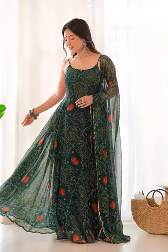 green sequins zari embroidered gown with pant and dupatta