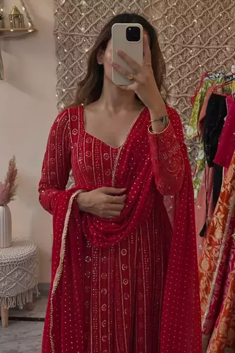 red faux blooming sequins zari embroidered gown with pant and dupatta