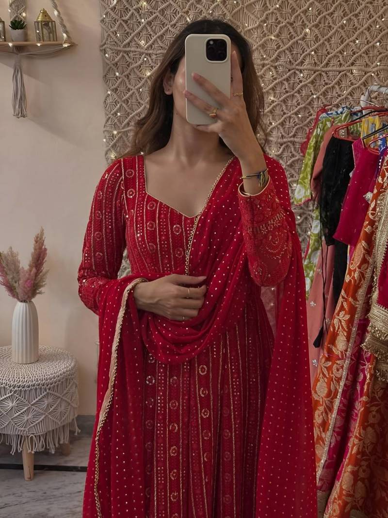 red faux blooming sequins zari embroidered gown with pant and dupatta