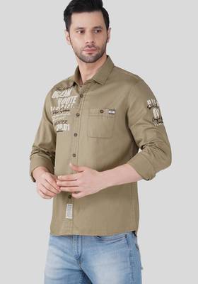 Pier seven men khaki solid graphic print with embroidery regular fit casual cotton shirt 2