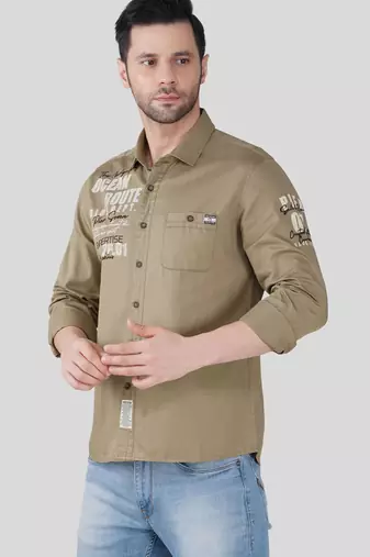 Pier seven men khaki solid graphic print with embroidery regular fit casual cotton shirt