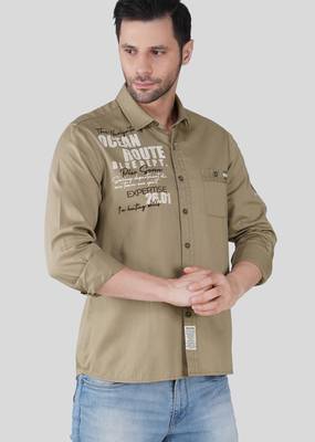 Pier seven men khaki solid graphic print with embroidery regular fit casual cotton shirt 3