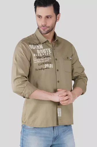 Pier seven men khaki solid graphic print with embroidery regular fit casual cotton shirt