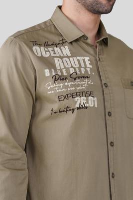 Pier seven men khaki solid graphic print with embroidery regular fit casual cotton shirt 4
