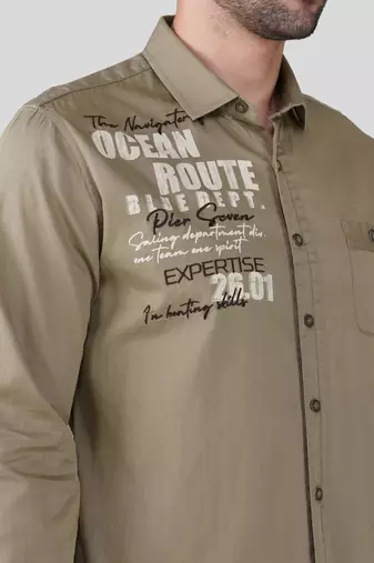 Pier seven men khaki solid graphic print with embroidery regular fit casual cotton shirt