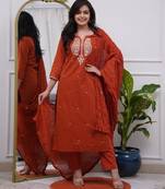rust chanderi silk kurta pant set with dupatta