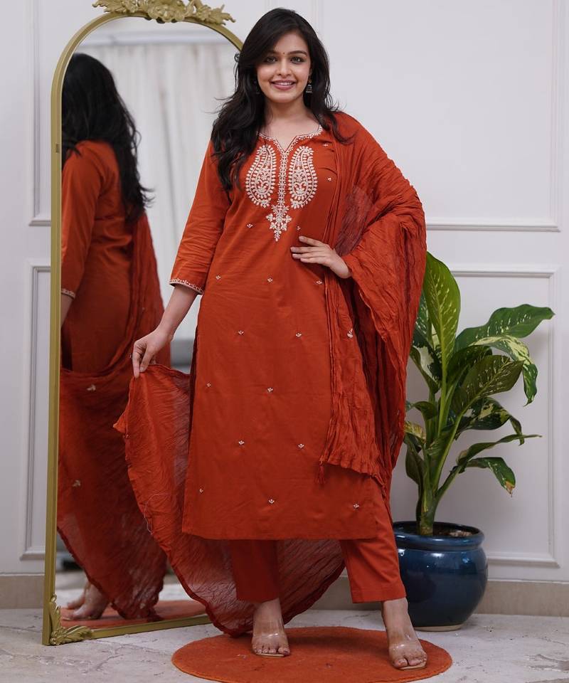 rust chanderi silk kurta pant set with dupatta