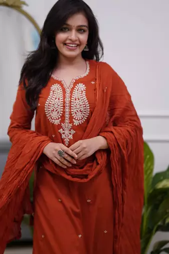 rust chanderi silk kurta pant set with dupatta