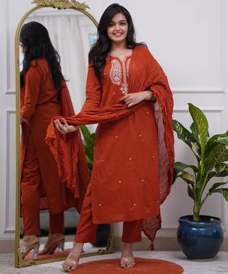 rust chanderi silk kurta pant set with dupatta 3