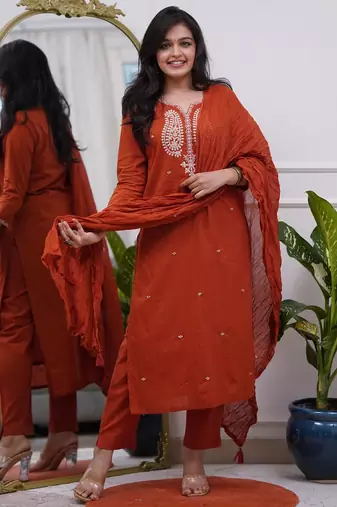 rust chanderi silk kurta pant set with dupatta