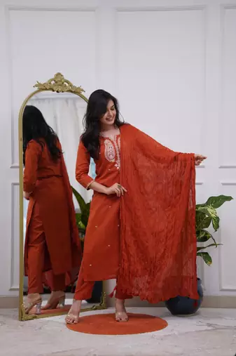 rust chanderi silk kurta pant set with dupatta
