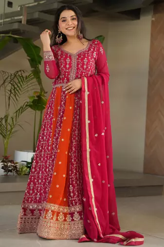  Pink Georgette Sequins Embroidered Gown With Dupatta