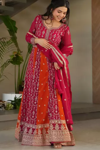  Pink Georgette Sequins Embroidered Gown With Dupatta