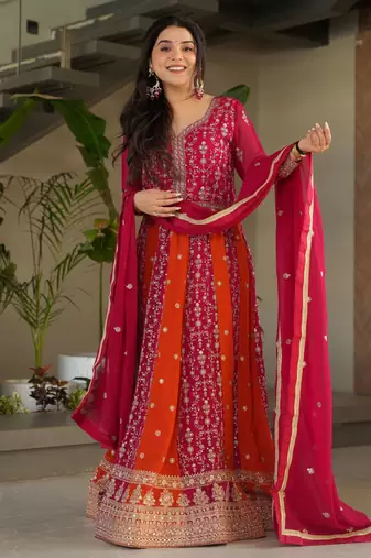  Pink Georgette Sequins Embroidered Gown With Dupatta