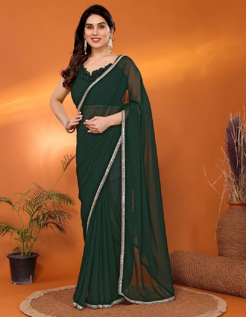 green saree look rich georgette  silk blend with beautiful tone