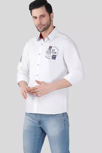 Pier seven men’s cotton white regular fit placement print casual shirt with full sleeves