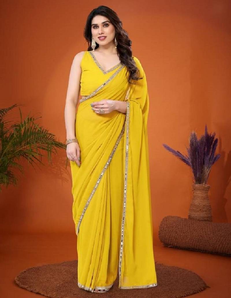 lemon saree look rich georgette  silk blend with beautiful tone