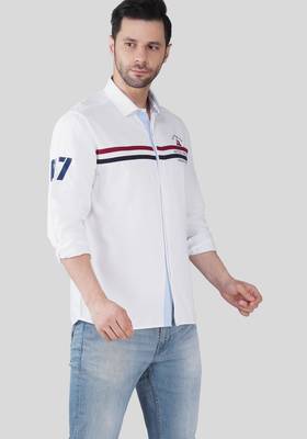 Pier seven men’s white casual cotton shirt with nautical stripe detail | full sleeve regular fit shirt 3