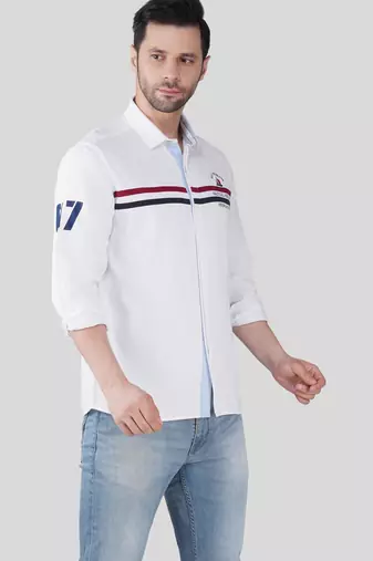 Pier seven men’s white casual cotton shirt with nautical stripe detail | full sleeve regular fit shirt