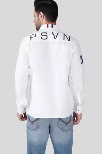 Pier seven men’s white casual cotton shirt with nautical stripe detail | full sleeve regular fit shirt