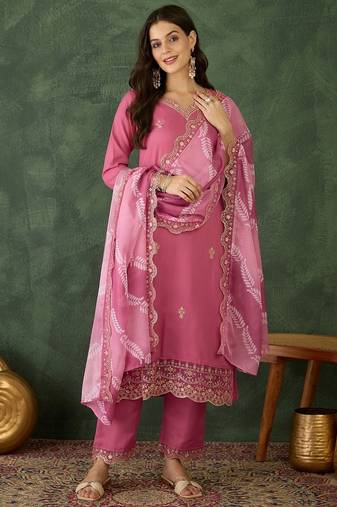 pink rayon embroidered kurta set with organza dupatta