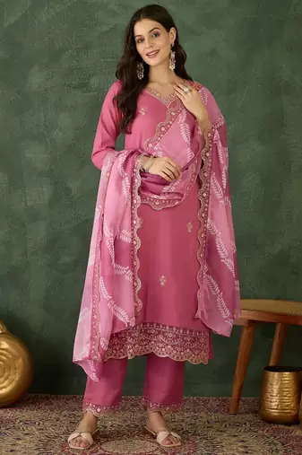 pink rayon embroidered kurta set with organza dupatta