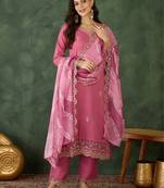 pink rayon embroidered kurta set with organza dupatta