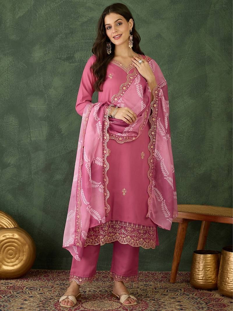 pink rayon embroidered kurta set with organza dupatta