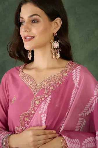 pink rayon embroidered kurta set with organza dupatta