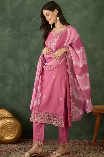 pink rayon embroidered kurta set with organza dupatta