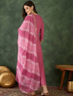 pink rayon embroidered kurta set with organza dupatta 4